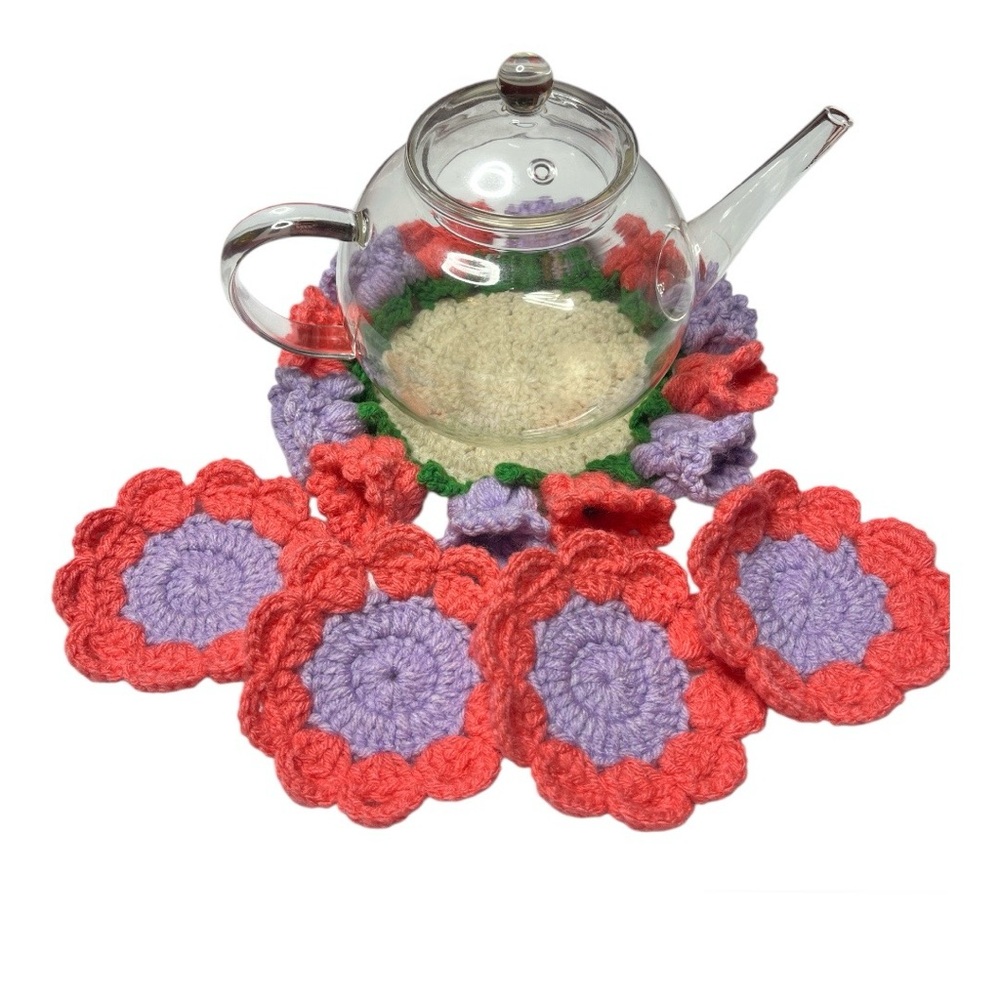 Handmade Crochet Mug Rug & 4 Coaster Set – Coral & Lavender Floral Tea Coasters